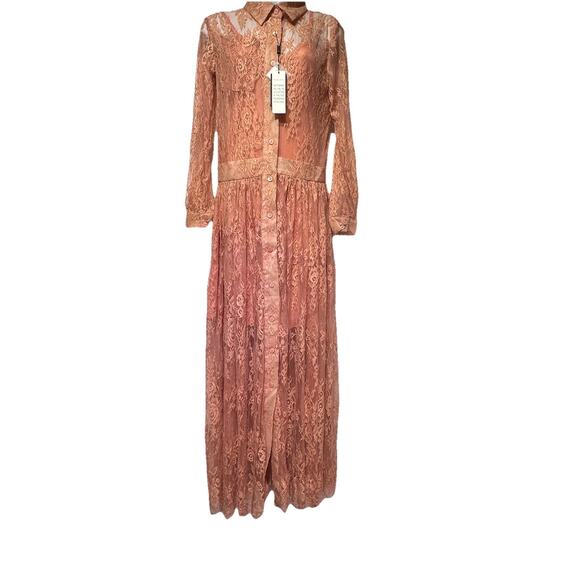 j ing limited pink sheer lace long sleeve button front lined Maxi Dress Size S - Picture 9 of 12